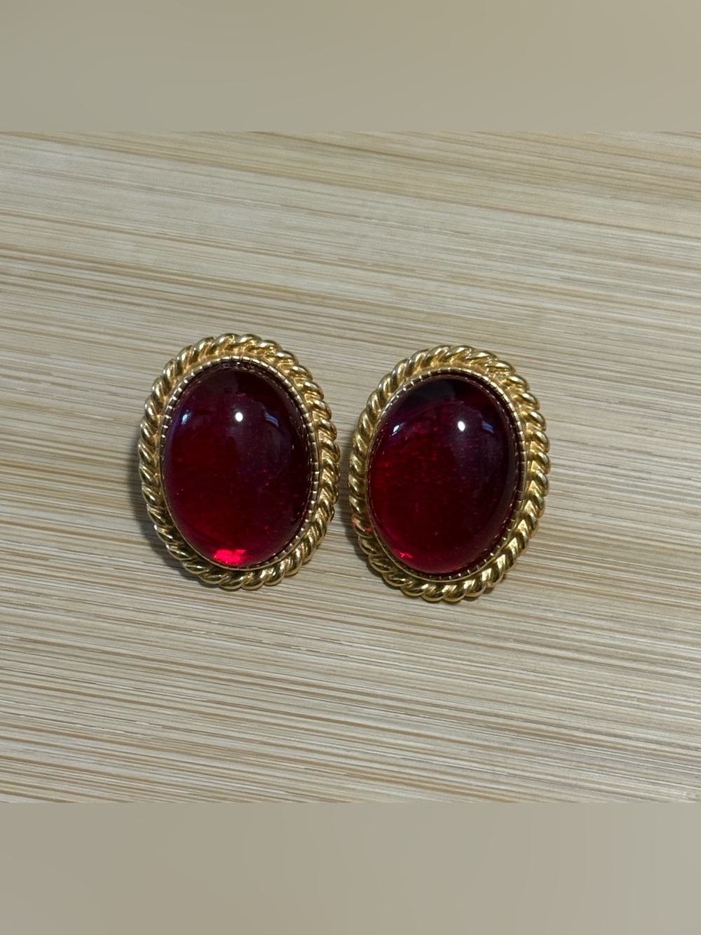 Gold-Tone Red Cabochon Rope-Edge Stud Earrings
